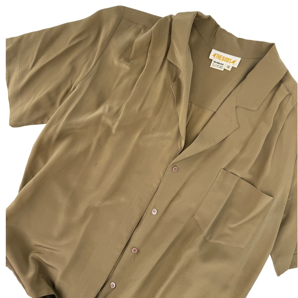 The Birds Vintage 80's 100% Pure Silk  Short Sleeve Button Down Shirt Khaki 10